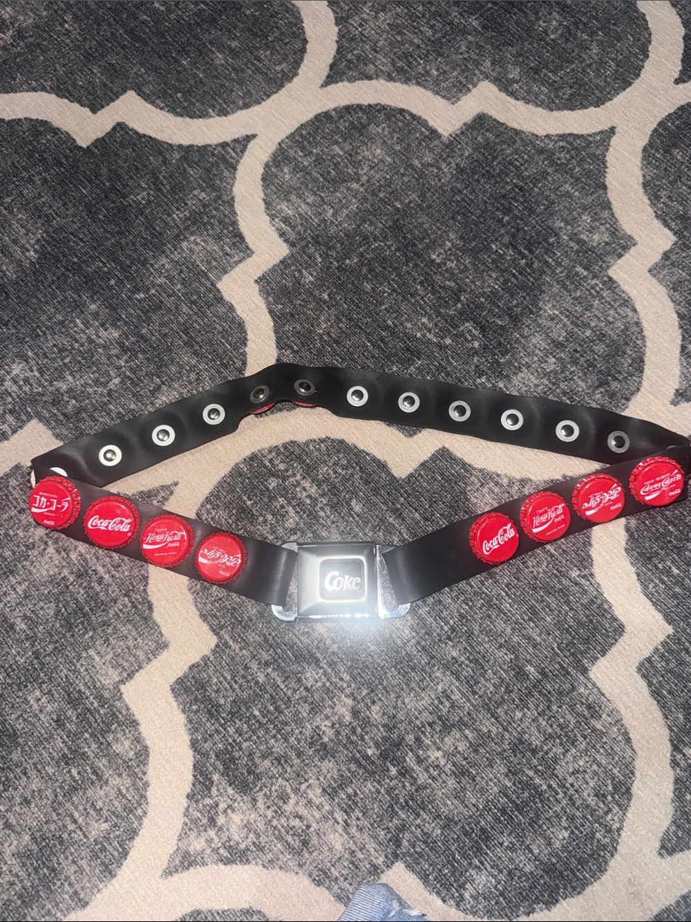 Vintage Coca-Cola Belt with Seatbelt Buckle Global Bottle Caps Y2K Collectible